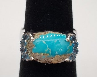 Natural, Rare Turquoise and Matrix and Topaz Ring in 14kt White Gold, Size 7.5