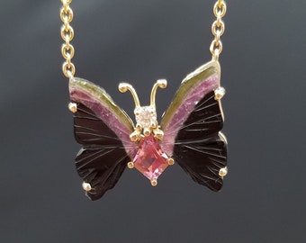 Tourmaline and Diamond Butterfly Necklace in 14kt Yellow Gold