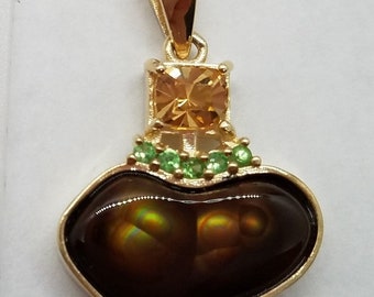 Unique Fire Agate, Tsavorite, Zircon Pendant in 14kt YG!