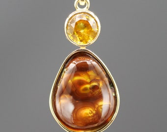 Fire Agate and Sphene Pendant in 14KT Yellow Gold