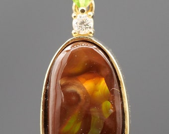 All-Natural Fire Agate, Peridot, and Diamond Pendant in 14kt Yellow Gold -