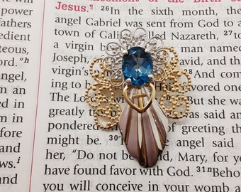 Angel Pin/Pendant in 14kt White and Yellow Gold with Blue Topaz
