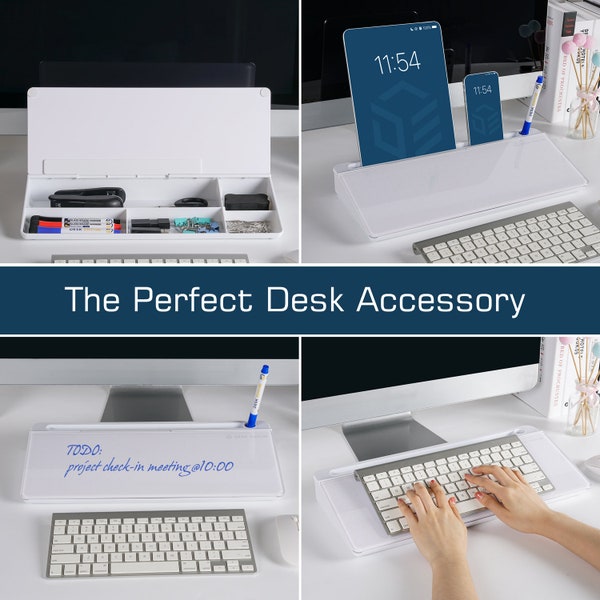 Desk Empire Deskaniser Desktop Whiteboard - Dot Grid Glass Dry Erase Board, Desk Organiser Storage for Office Desk Accessories, Phone Holder