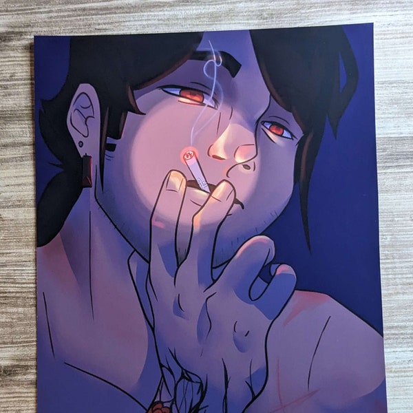 Original Character Art Print Matte 8x6.5 Digital Inkjet Z Gift Dynamic Lighting Purple Lover Tattoo Smoking Wall Drawing Physical Red Eyes