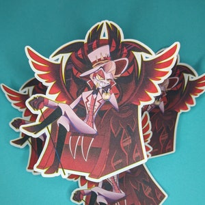 Sticker mat Hazbin Hotel Lucifer Morningstar 4 x 4,5 pouces fanart King of Hell Wing trône grand papier jet d'encre Vivziepop fan art numérique