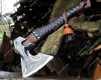 Hand Forged Viking Axe: Personalized Carbon Steel Battle Axe, Best Holiday Gift - Camping Survival Axe - Birthday Gift for Boyfriend