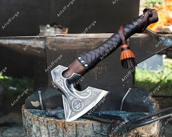 VIKING Axe hand forged carbon steel | Best Holiday Gift for him | Medieval axe with Leather Sheath | Birthday gift for husband Christmas