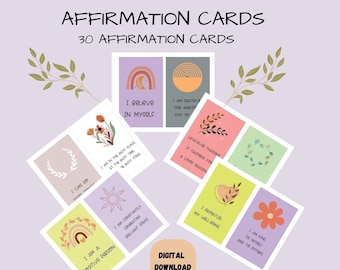 Könnte beinhalten: Ein Satz von 30 druckbaren Affirmationskarten mit bunten Illustrationen und positiven Botschaften. Die Karten zeigen verschiedene Designs, darunter Regenbögen, Blumen und Sonnen. Der Text auf den Karten enthält Sätze wie "Ich glaube an mich selbst", "Ich bin ein positiver Mensch" und "Ich bin dankbar für einen weiteren Tag".