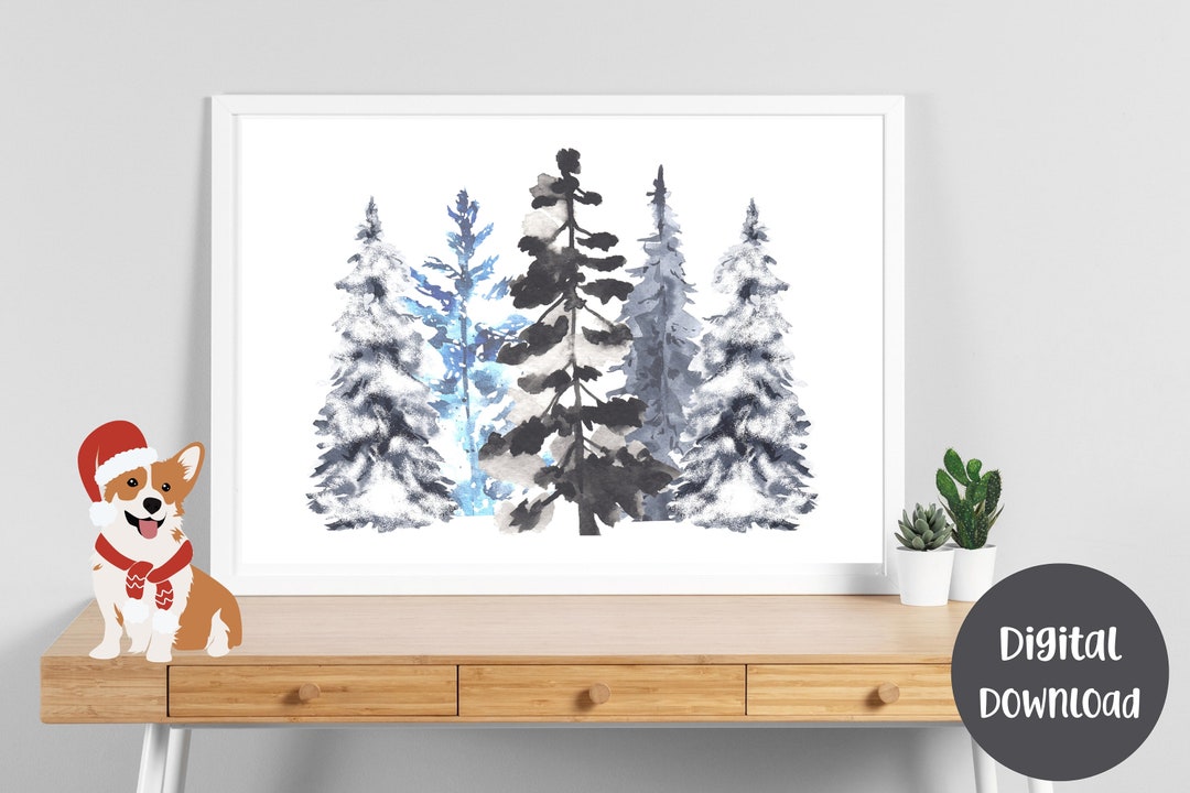 Christmas Watercolor Printable Wall Art, Winter Trees Printable ...