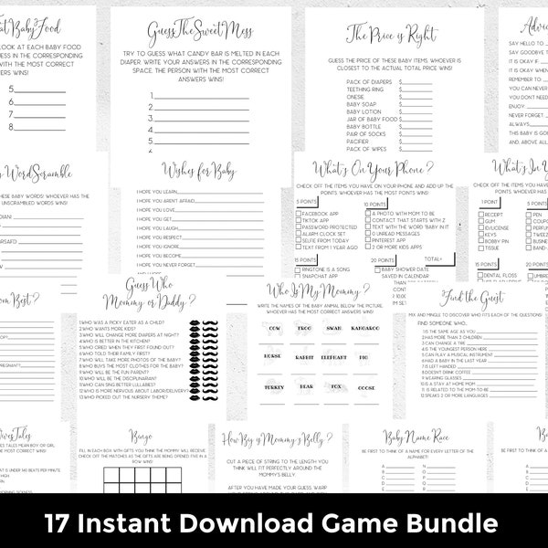Minimalist Baby Shower Game Bundle, 17 Baby Shower Games, Black and White Baby Shower, Gender Neutral, Instant Download, Instant Print