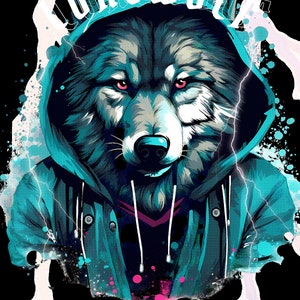 Op de afbeelding: Digitale illustratie van een wolf met een tealkleurige hoodie en de tekst "Lone Wolf" erboven. De wolf heeft rode ogen en wordt omringd door bliksemflitsen en kleurspatten. De tekst onderaan luidt: "Een echte eenzame wolf wil de roedel niet leiden, maar zichzelf."