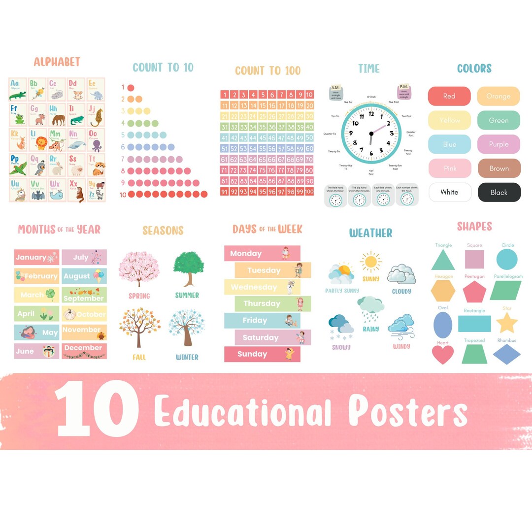 Educational Prints, Set of 10 Preschool Posters, Classroom Decor, Homeschool Decor, Learning