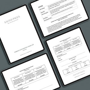 Pode incluir: Uma folha de trabalho imprimível em preto e branco com o título "Modelo de Redação de Site" e o texto "Salted Pages" na parte inferior. A folha de trabalho inclui seções para "Página Inicial", "Sobre", "Serviços", "Blog", "Contato" e "Loja".