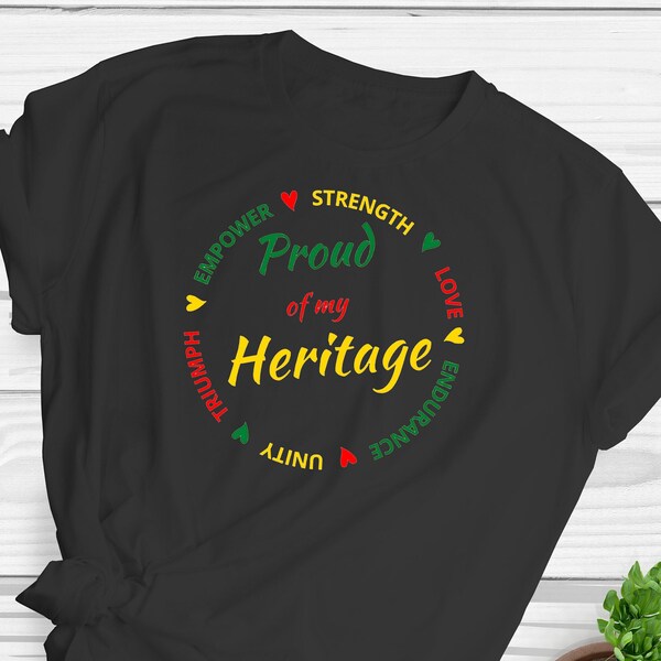 Black History Proud of my Heritage T-Shirt with a vibrant heart in red, green, and gold, symbolizing unity, resilience, and heritage.