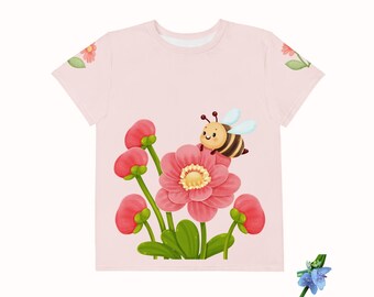 Girls' Cotton Crew Neck T-Shirt with Pink Flowers and Honeybees