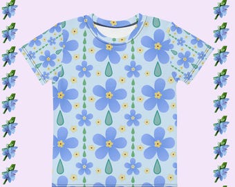 Kids Retro Blue Floral Crew Neck Tee | Short Sleeve 2T to 7