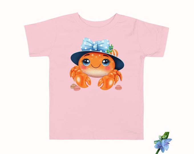 Adorable Toddler Tee with Crab Wearing Straw Hat - Short Sleeve
