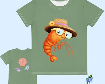 Shrimp Graphic Kids T-Shirt - Green Cotton Crew Neck Top