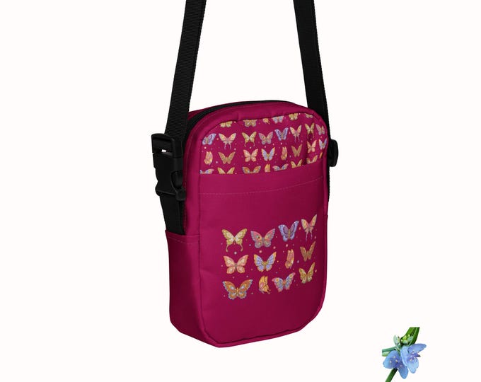Utility crossbody bag multicolored butterflies on burgundy