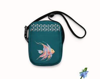 Green-Blue Crossbody Bag | Watercolor Angelfish in Vibrant Blues, Pinks & Yellows