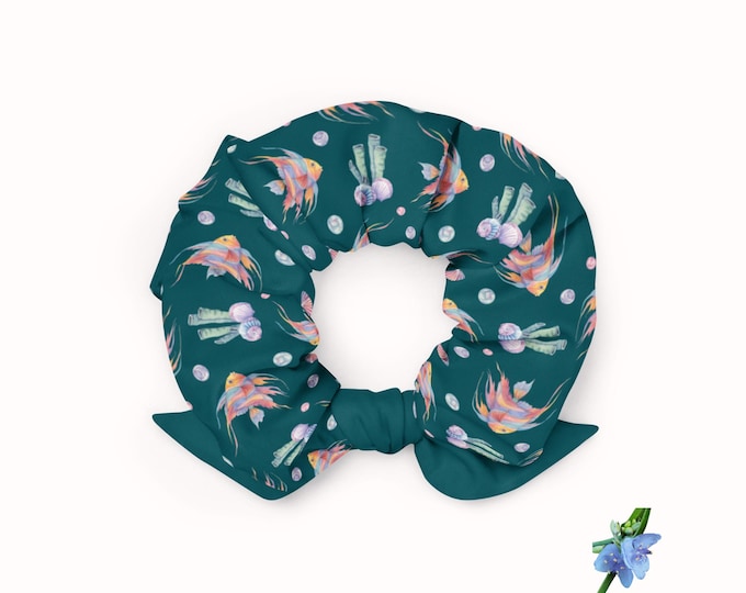 Recycled Watercolor Angelfish Scrunchie - Green-Blue Ocean Vibes