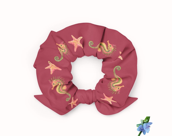 Recycled Scrunchie with Pink, Purple and Yellow Butterflies on Burgundy Background