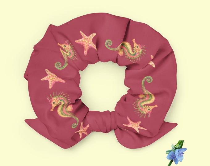 Eco-Friendly Dark Pink Scrunchie Featuring Seahorses and Starfish