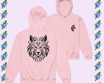 Embroidered Wolf Head Hoodie for Youth - Heavyweight Fabric, Front & Back Design