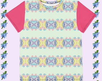 Youth crew neck t-shirt light green with yellow purple and blue filagree stripes