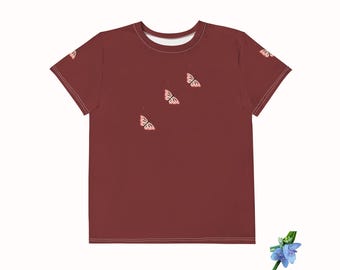 Auburn Cotton Crew Neck Tee for Kids with Pink Butterfly Design