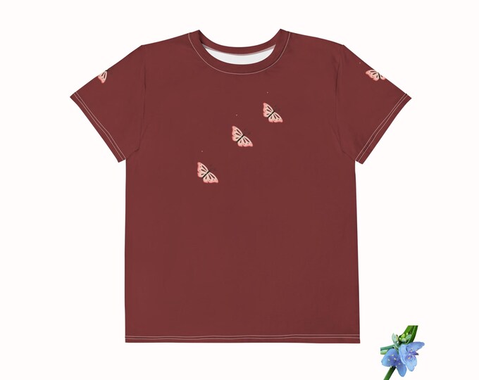 Auburn Cotton Crew Neck Tee for Kids with Pink Butterfly Design