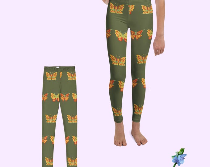Featured listing image: Youth Girls Leggings - Green with Colorful Butterflies in Yellow & Red