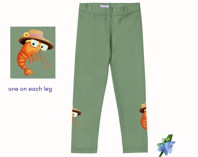 Green Kid's Leggings with Adorable Happy Shrimp Print