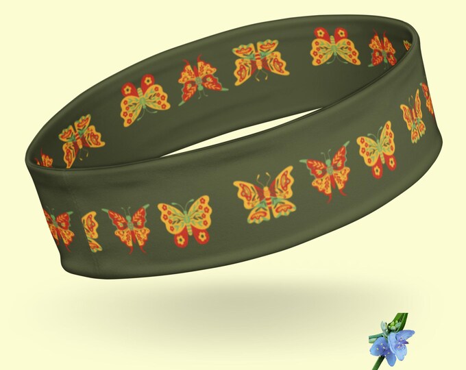 Charming Green Headband Featuring Yellow & Red Butterflies