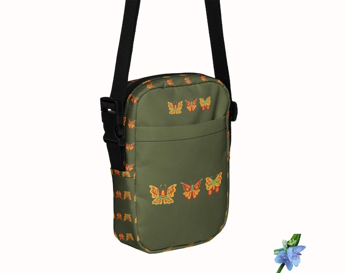 Green Utility Crossbody Bag Featuring Colorful Red and Yellow Butterflies