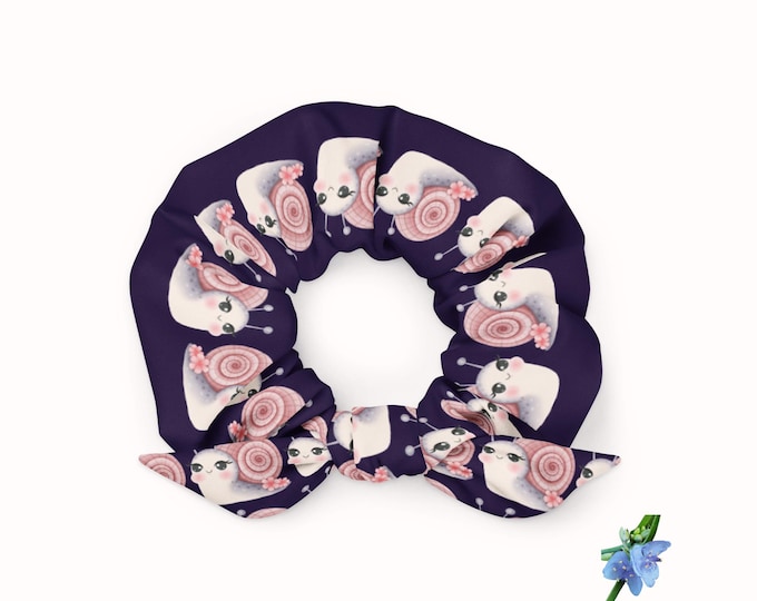 Recycled Fabric Scrunchie: Pink Snails on Purple Background