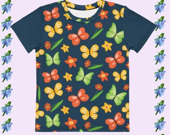 Kids Blue Crew Neck T-Shirt with Colorful Butterfly & Flower Design