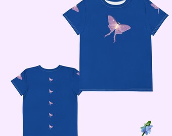 Youth Bright Blue Cotton Crew Neck T-Shirt with Purple Lunar Moth Design
