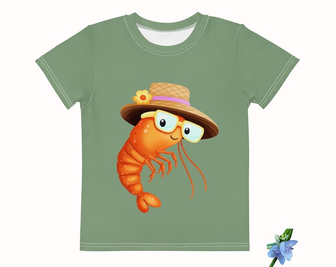Shrimp Graphic Kids T-Shirt - Green Cotton Crew Neck Top