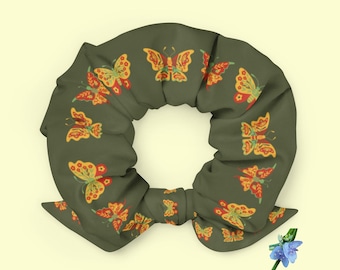 Butterfly Print Scrunchie - Recycled Microfiber in Green with Red and Yellow
