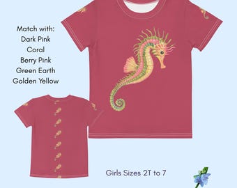 Watercolor Seahorse Kids T-Shirt | Dark Pink Cotton Crew Neck