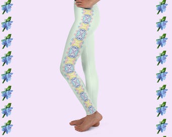 Trendy Light Green Leggings for Girls with Multicolor Filigree Design