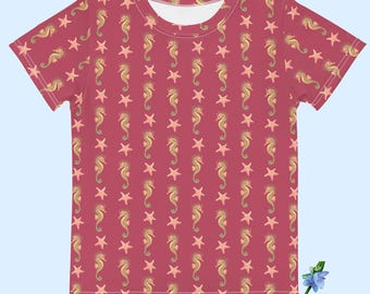 Adorable Kids Crew Neck Tee - Seahorse & Starfish Print