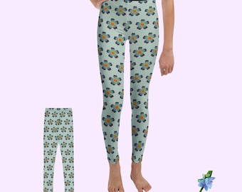 Blue Boho Flower Design Youth Leggings | Stylish Kids Activewear