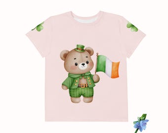 Kids Cotton Crew Neck T-Shirt with Shamrock & Leprechaun Bear Design