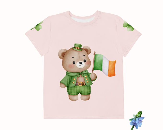 Kids Cotton Crew Neck T-Shirt with Shamrock & Leprechaun Bear Design