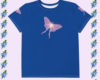 Youth Bright Blue Cotton Crew Neck T-Shirt with Purple Lunar Moth Design