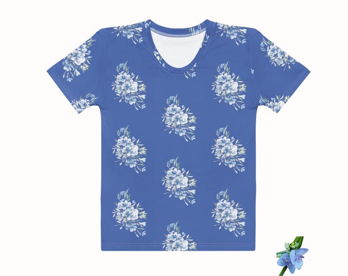 Women’s Cotton Crew Neck T-Shirt Blue with Blue Watercolor Flowers