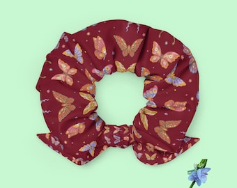 Recycled Scrunchie with Pink, Purple and Yellow Butterflies on Burgundy Background