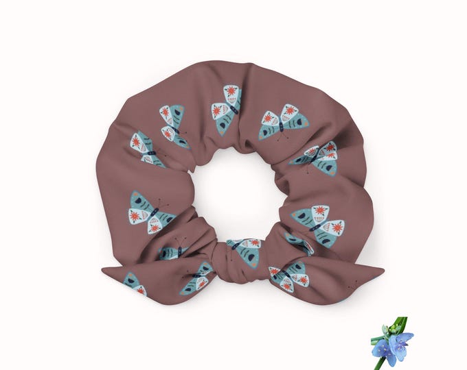 Recycled Blue Moth Print Scrunchie - Eco-Friendly Hair Accessory
